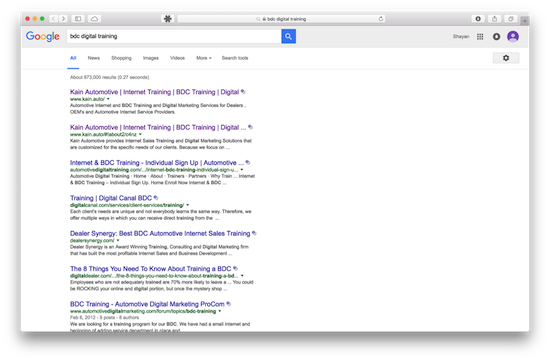 Screenshot of Google results showing Kain.Auto ranking on page one for bdc digital training