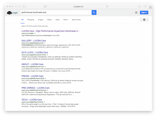 Screenshot of Google results showing Lucra.Cars ranking on page one for performance handmade cars